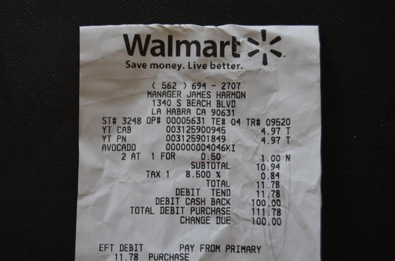 чек из супермаркета Wallmart с SALES TAX в США